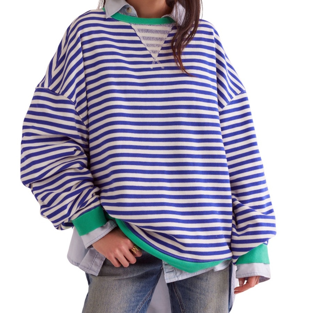 NWT!Free People CLASSIC STRIPED CREW -sand dollar combo M